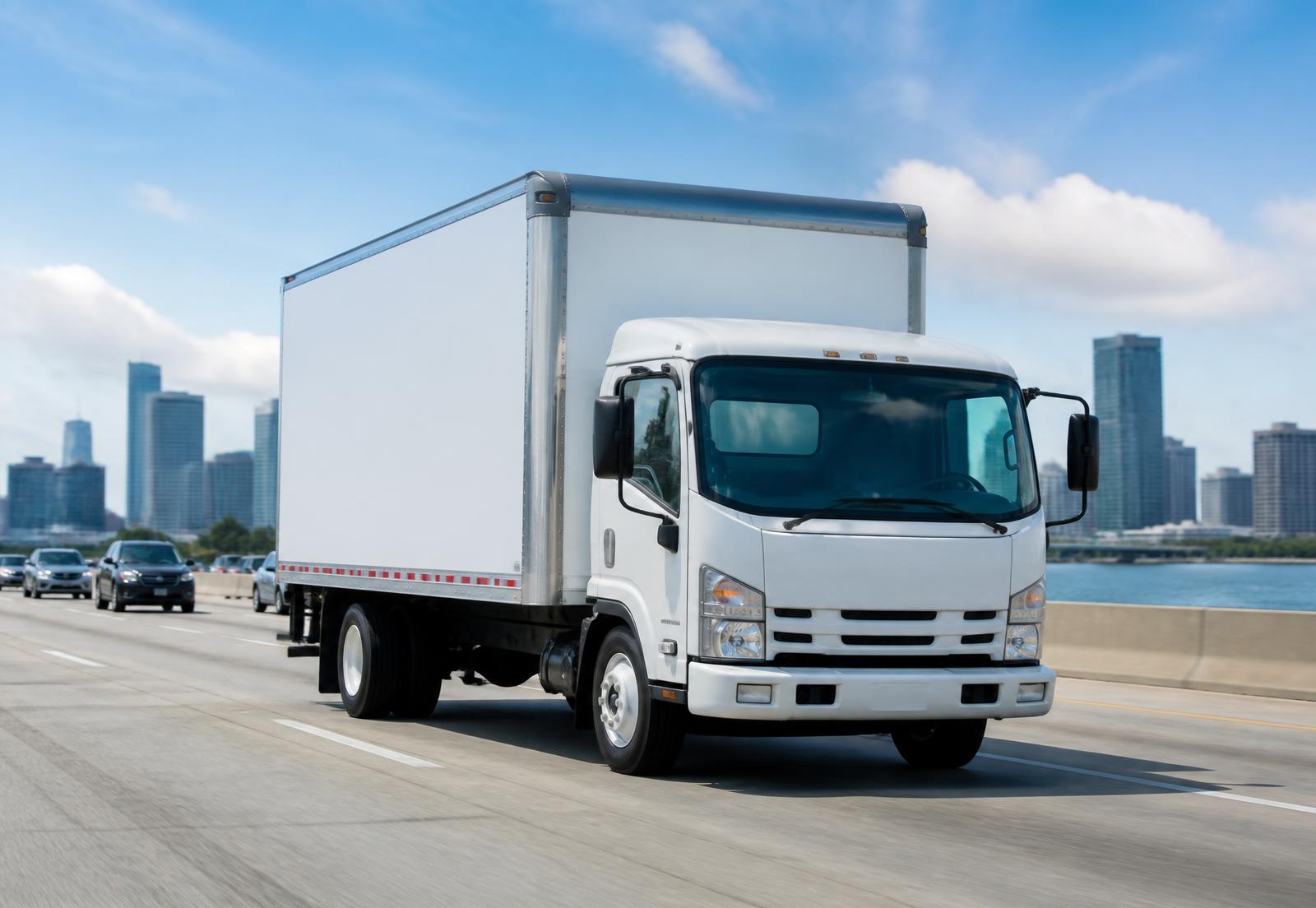 White commercial box truck on a bright highway heading into the city